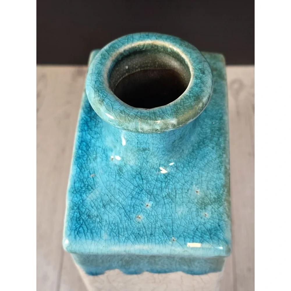 *Vintage Studio Pottery Vase Turquoise Drip Glaze White Crackle Square Modernist